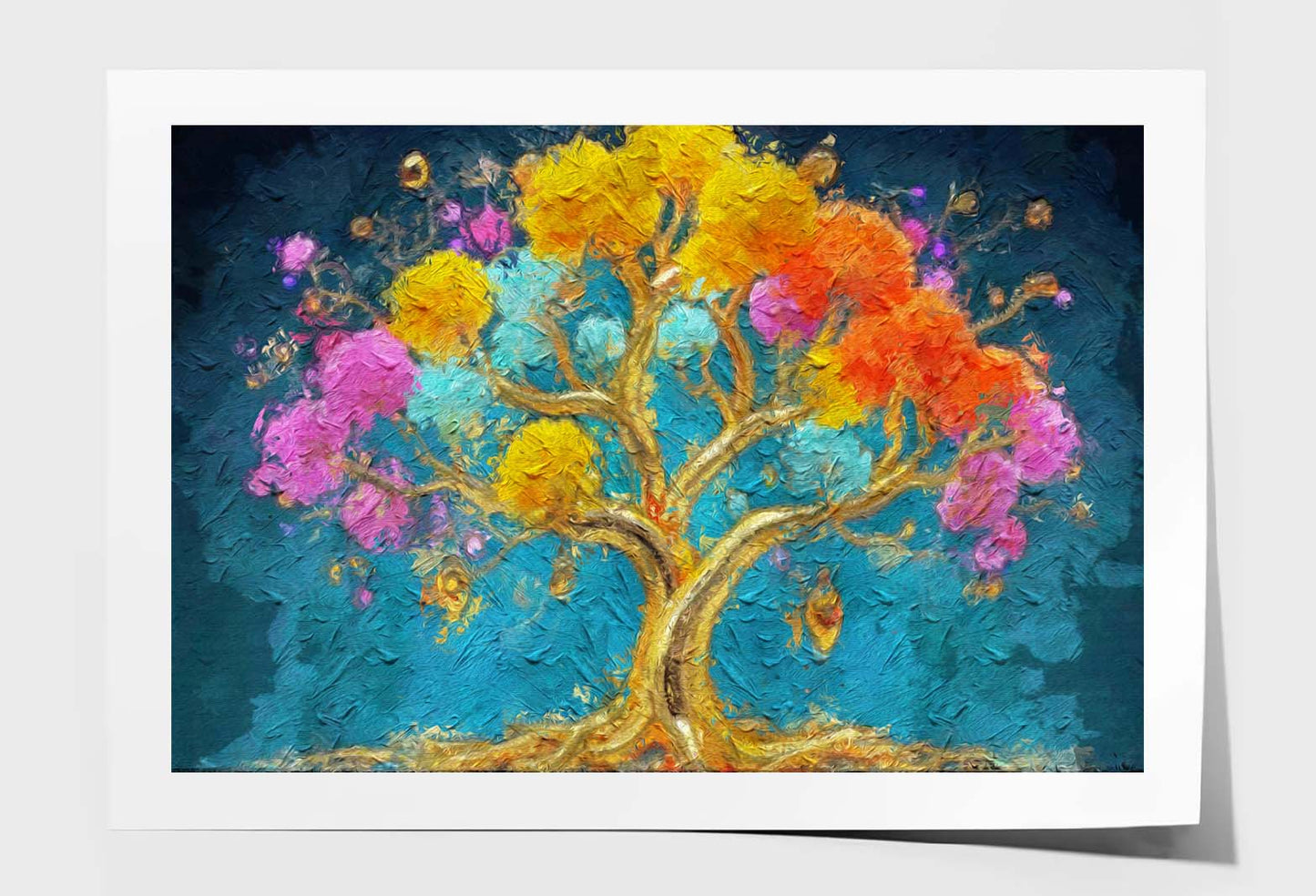 Painting of Golden Tree with a Colorful Flowers Wall Art Limited Edition High Quality Print