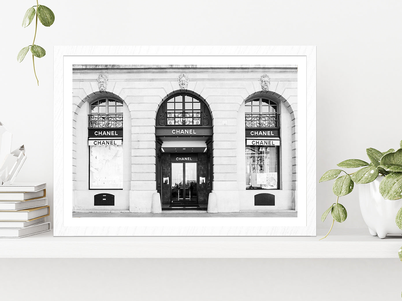 Fashion Store Front B&W Photograph Glass Framed Wall Art, Ready to Hang Quality Print With White Border White