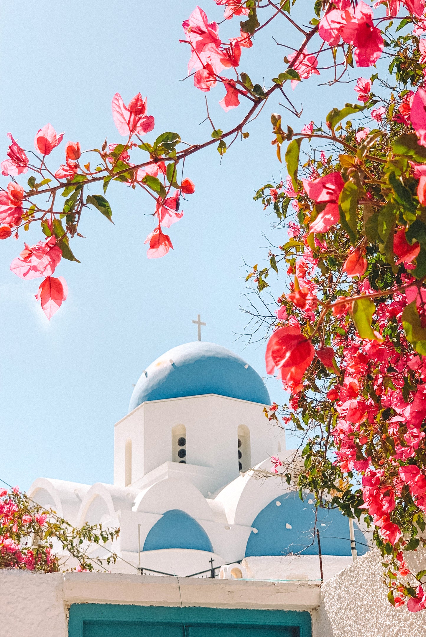 White Stone Church Blue Dome Bougainvillea Greek Sky Wall Art Decor 100% Australian Made - Bella Home Decor