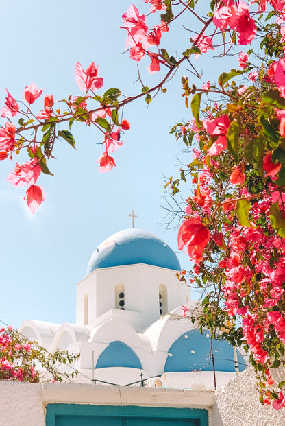 White Stone Church Blue Dome Bougainvillea Greek Sky Wall Art Decor 100% Australian Made - Bella Home Decor