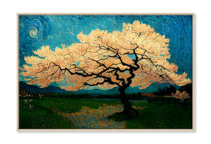 Japanese Cherry Tree In Green Meadow Oil Painting Limited Edition High Quality Print Canvas Box Framed Natural