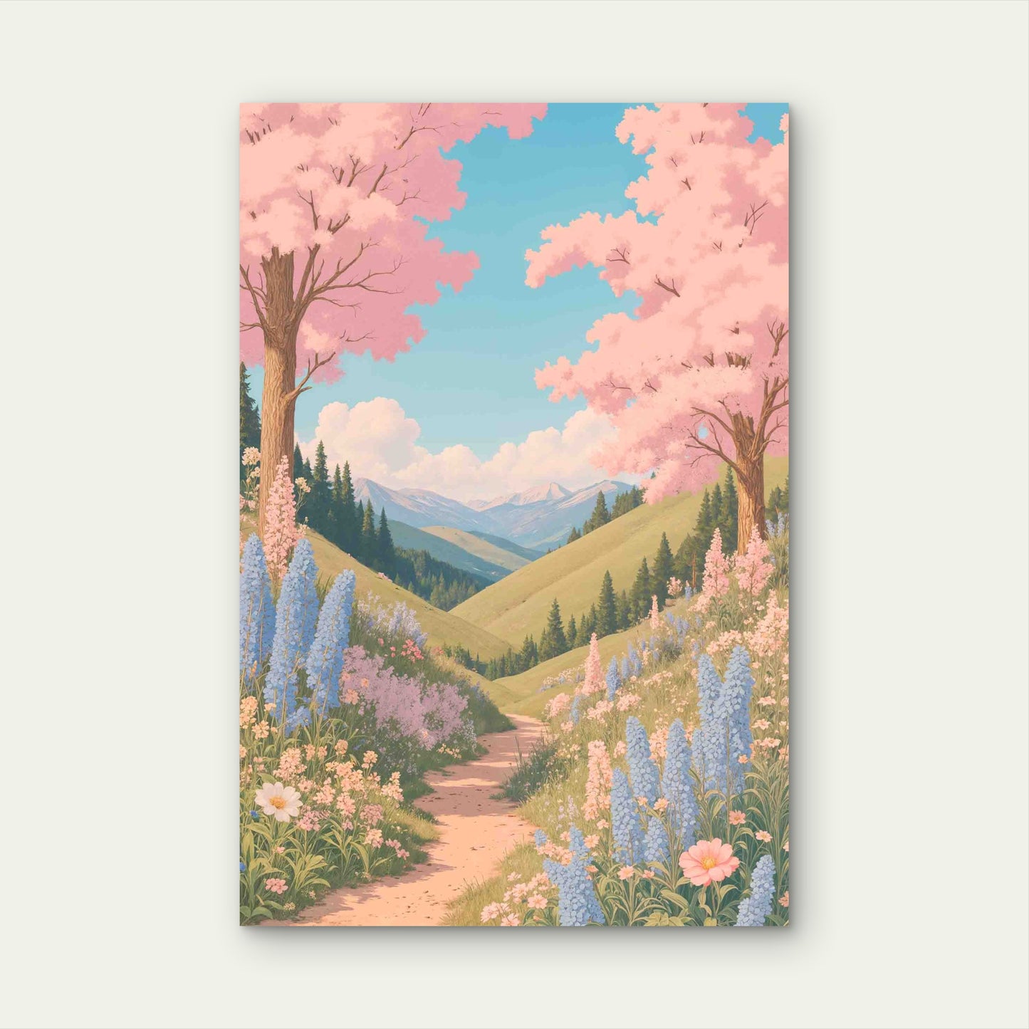 Sakura Mountain Path Scene 60x90cm Metal Print Ready to Hang - Bella Home Decor