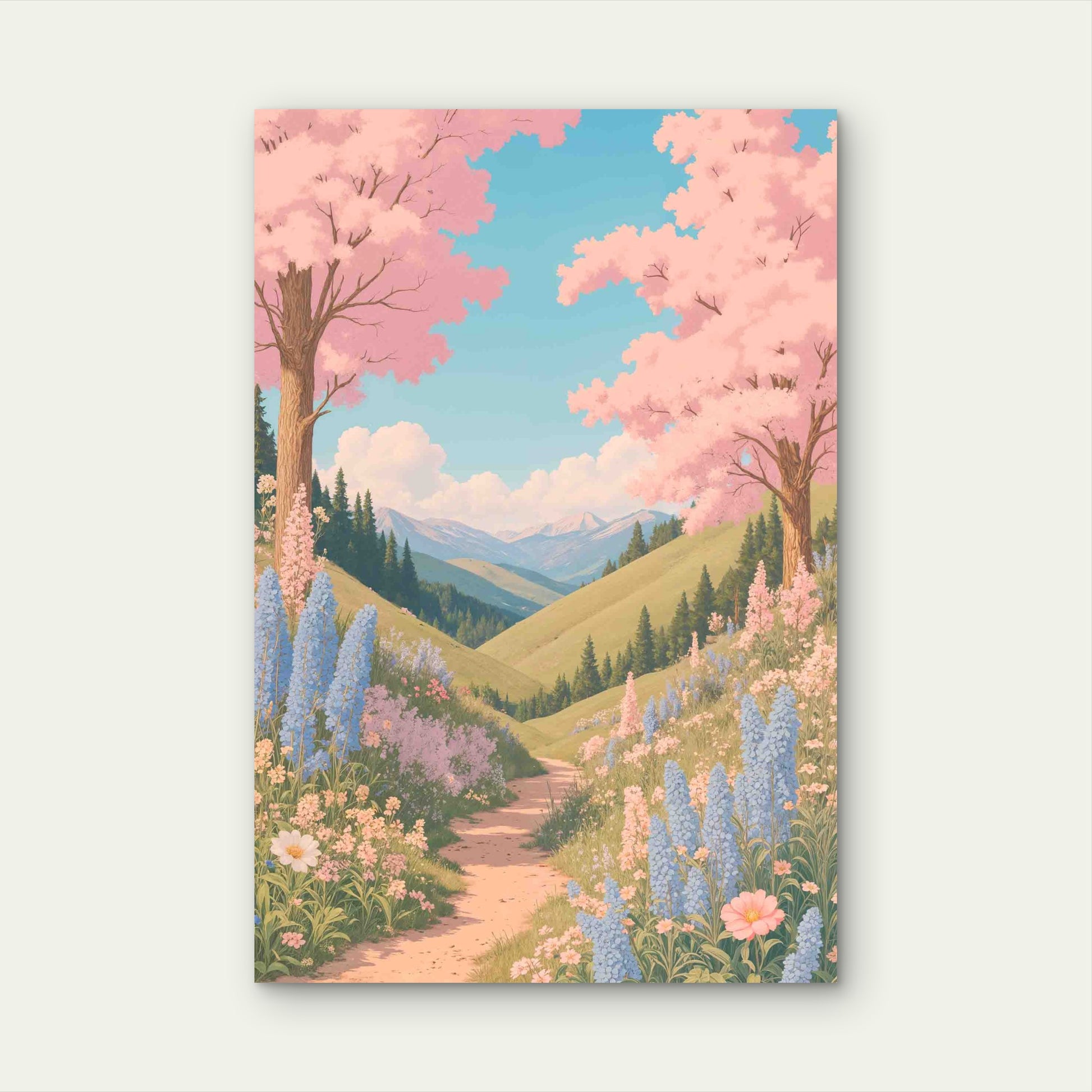 Sakura Mountain Path Scene 60x90cm Metal Print Ready to Hang - Bella Home Decor