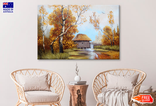 House near Lake & Autumn Trees Oil Painting Wall Art Limited Edition High Quality Print