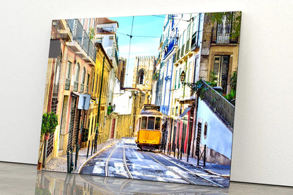 Romantic Lisbon Street with The Typical Yellow Tram and Lisbon Cathedral  Acrylic Glass Print Tempered Glass Wall Art 100% Made in Australia Ready to Hang