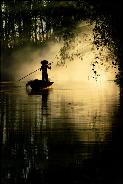 Silhouette Fisherman on River at Sunrise 40x60cm Metal Print Ready to Hang