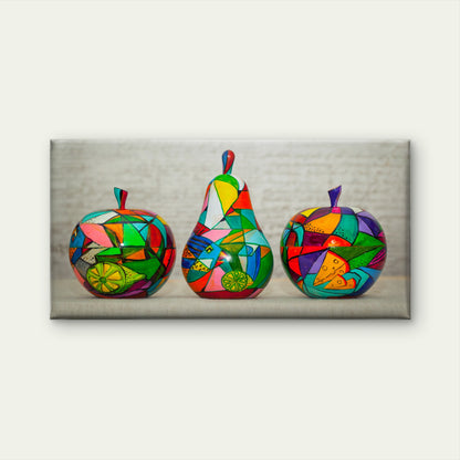 Folk Painted Wood Pear Apple Wall Art Canvas Office Home Room Framed 120x60cm