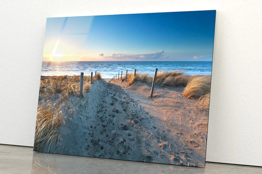 Path On Sand to Ocean Beach at Sunset, Netherlands Acrylic Glass Print Tempered Glass Wall Art 100% Made in Australia Ready to Hang