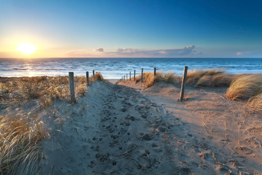 Path On Sand to Ocean Beach at Sunset, Netherlands Wall Art Decor 100% Australian Made - Bella Home Decor