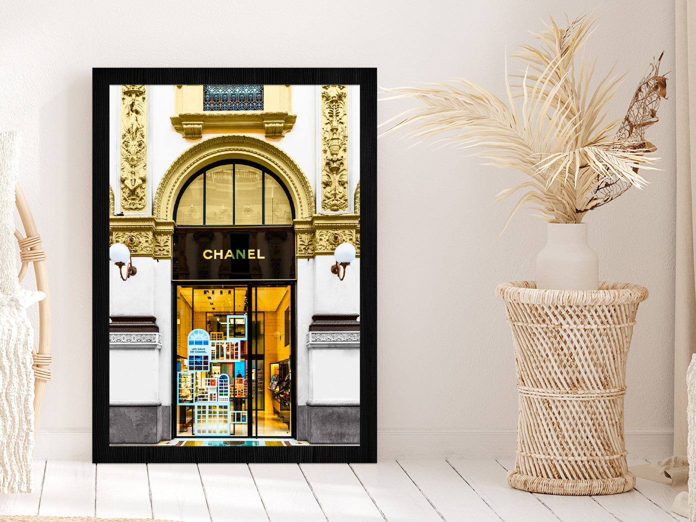 Gold Fashion Store Front View Photograph Glass Framed Wall Art, Ready to Hang Quality Print Without White Border Black