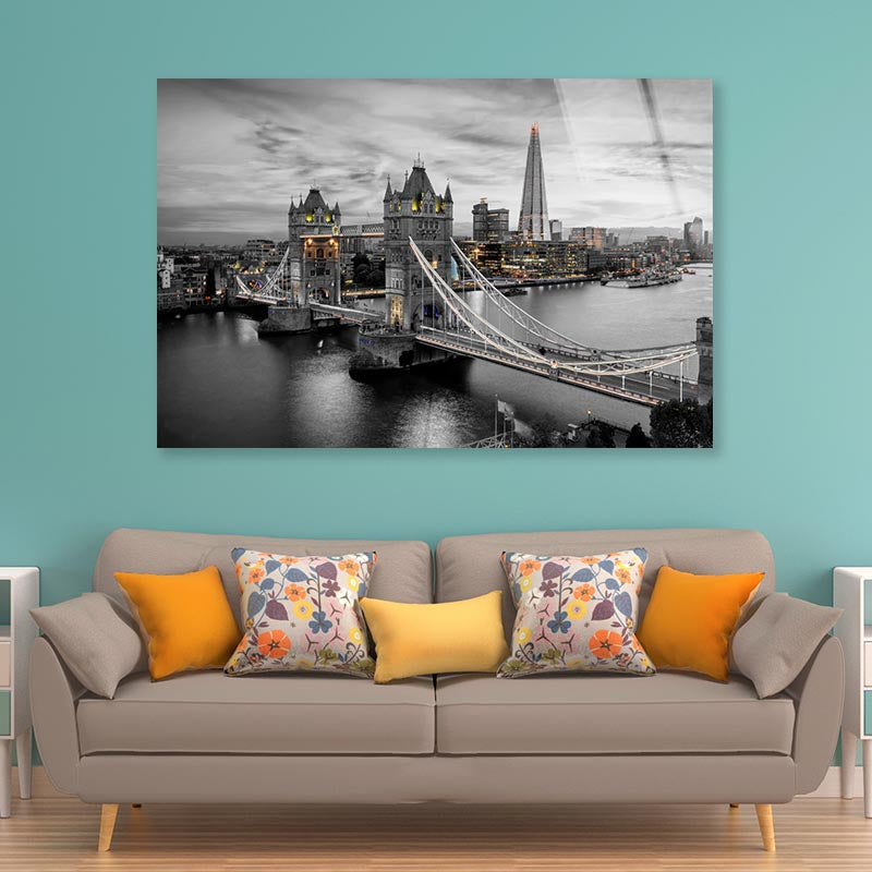 B&W London City With Lights Acrylic Glass Print Tempered Glass Wall Art 100% Made in Australia Ready to Hang