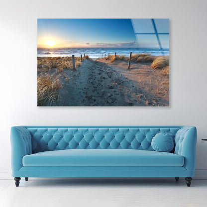 Path On Sand to Ocean Beach at Sunset, Netherlands Acrylic Glass Print Tempered Glass Wall Art 100% Made in Australia Ready to Hang