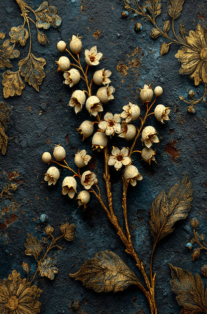 Vintage Gold Flower Floral Lily Dark 40x60cm Metal Print Ready to Hang