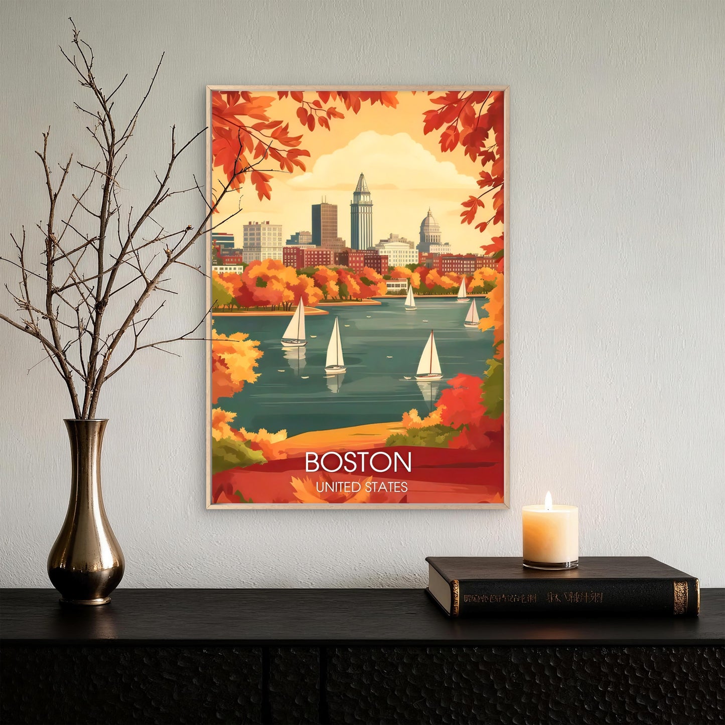 Boston United States Autumn Harbour Cityscape with Sailboats Travel Poster Print Wall Art
