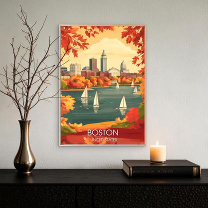 Boston United States Autumn Harbour Cityscape with Sailboats Travel Poster Print Wall Art