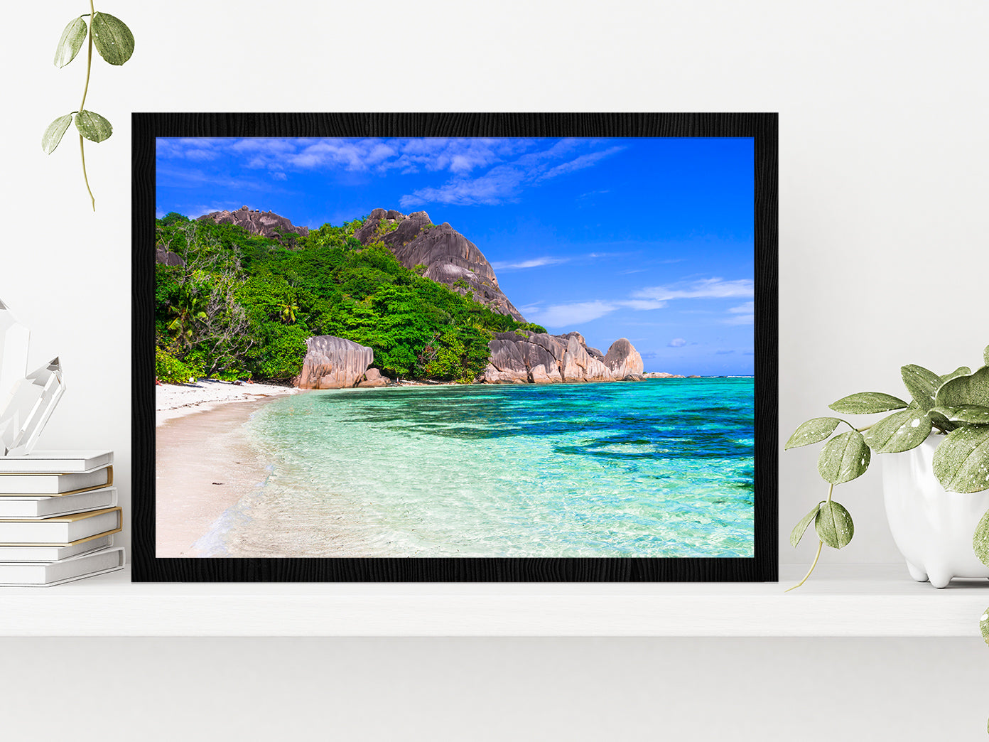 Tropical Beach & Seychelles Glass Framed Wall Art, Ready to Hang Quality Print Without White Border Black