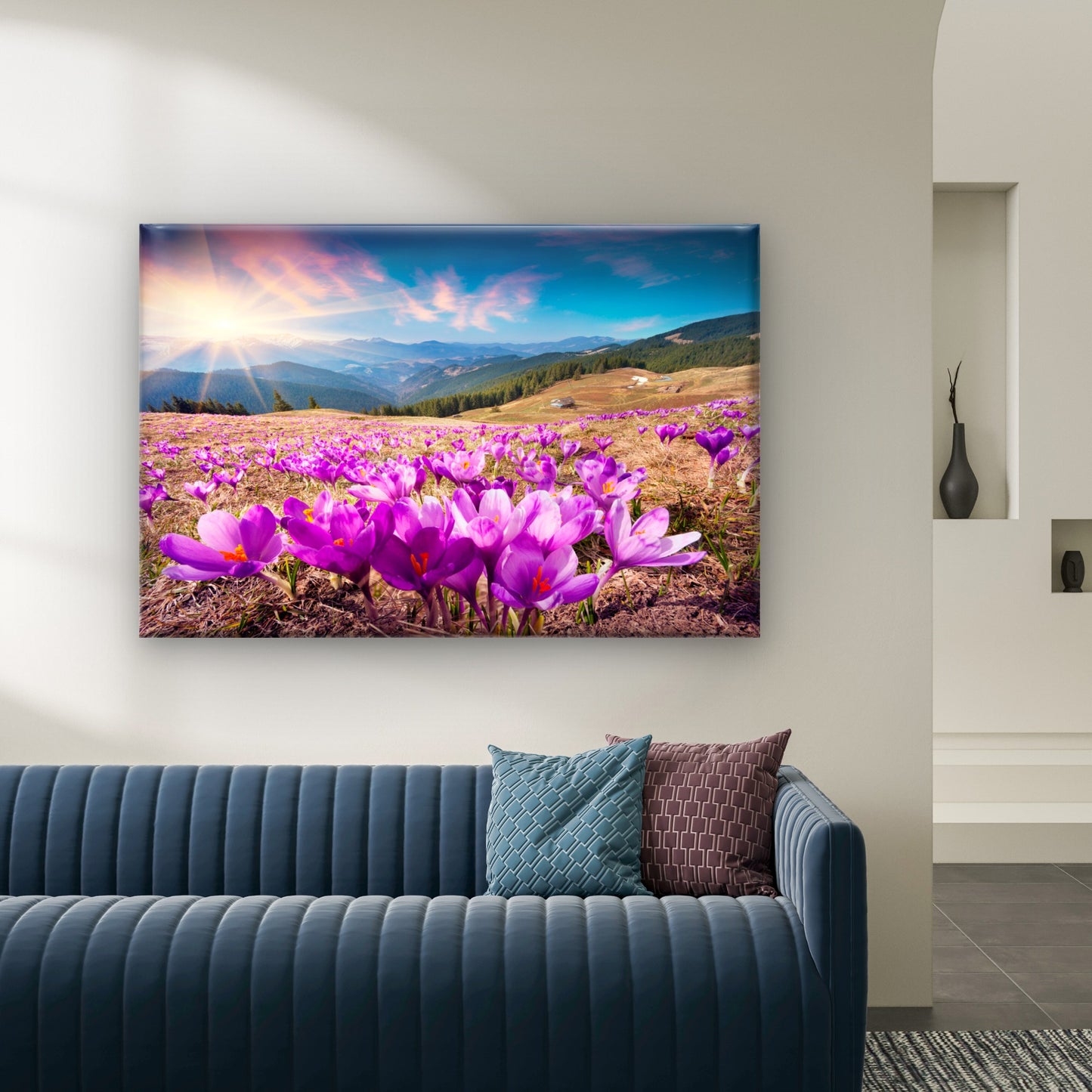 Beautiful spring crocus fields in Carpathian Mountains, Ukraine  Wall Art Decor 100% Australian Made