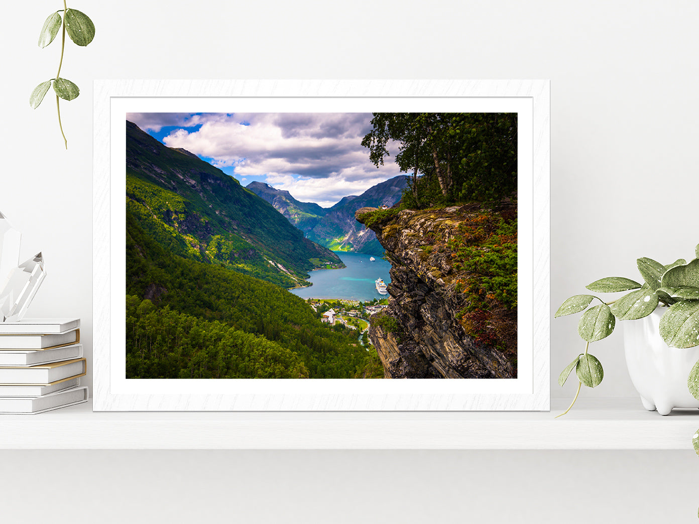 Flydalsjuvet Viewpoint In Norway Glass Framed Wall Art, Ready to Hang Quality Print With White Border White