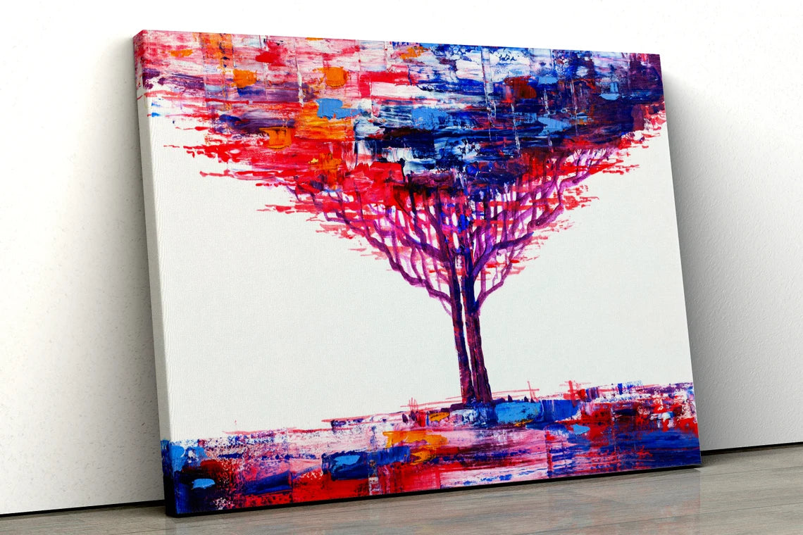 Blue Teal red orange abstract tree oil painting UV Direct Aluminum Print Australian Made Quality