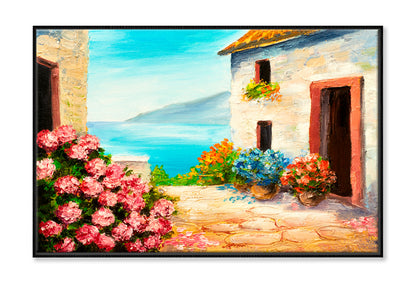 House Near The Sea, Sea Coast, Flowers Oil Painting Limited Edition High Quality Print Canvas Box Framed Black