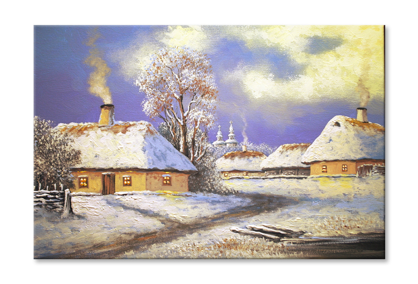 Church in Winter & Houses Landscape Oil Painting Wall Art Limited Edition High Quality Print Stretched Canvas None