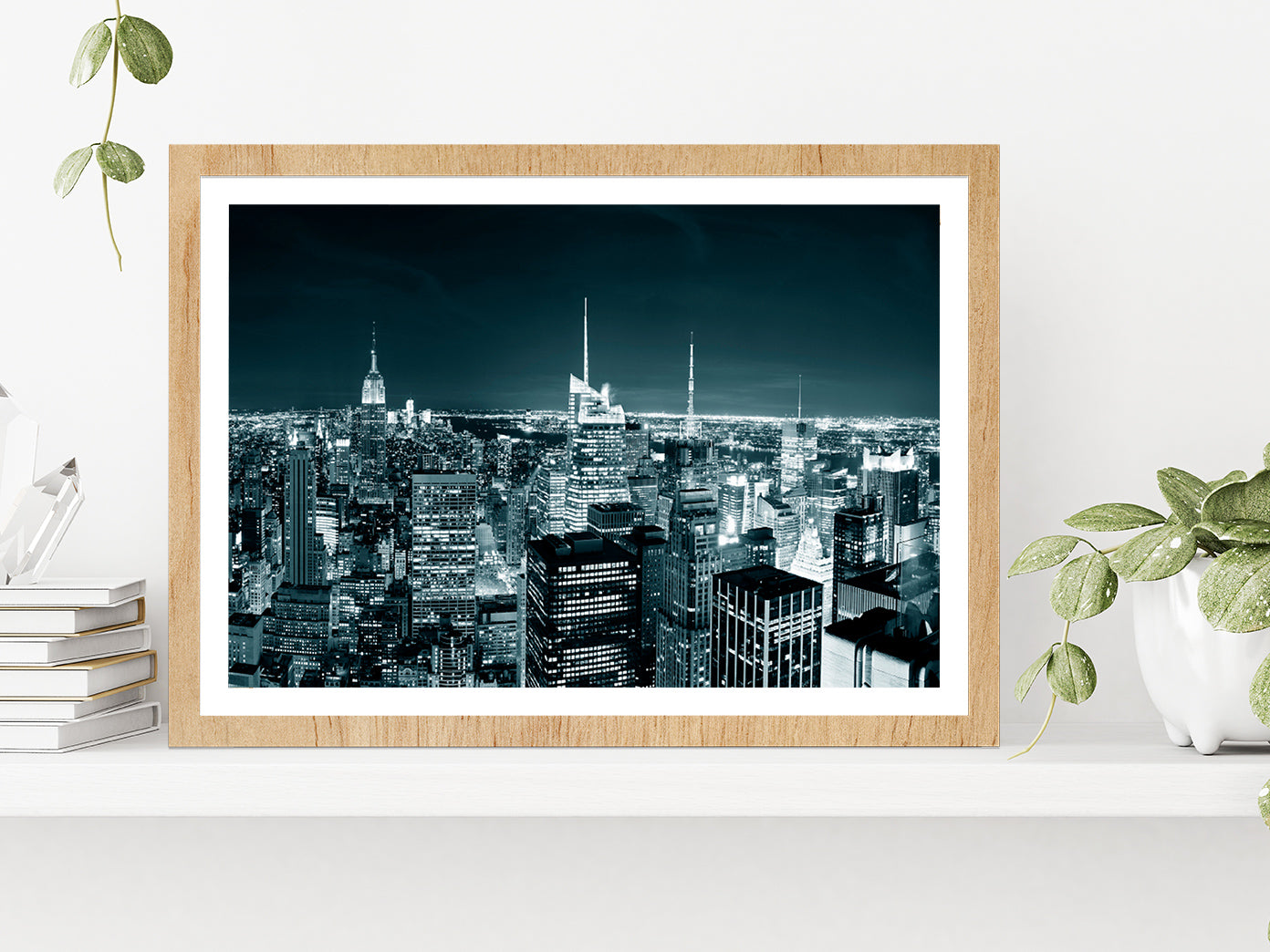 New York City Manhattan Skyline At Night Glass Framed Wall Art, Ready to Hang Quality Print With White Border Oak