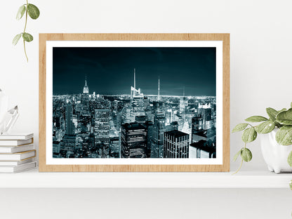 New York City Manhattan Skyline At Night Glass Framed Wall Art, Ready to Hang Quality Print With White Border Oak