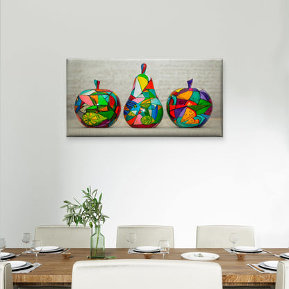 Folk Painted Wood Pear Apple Wall Art Canvas Office Home Room Framed 120x60cm
