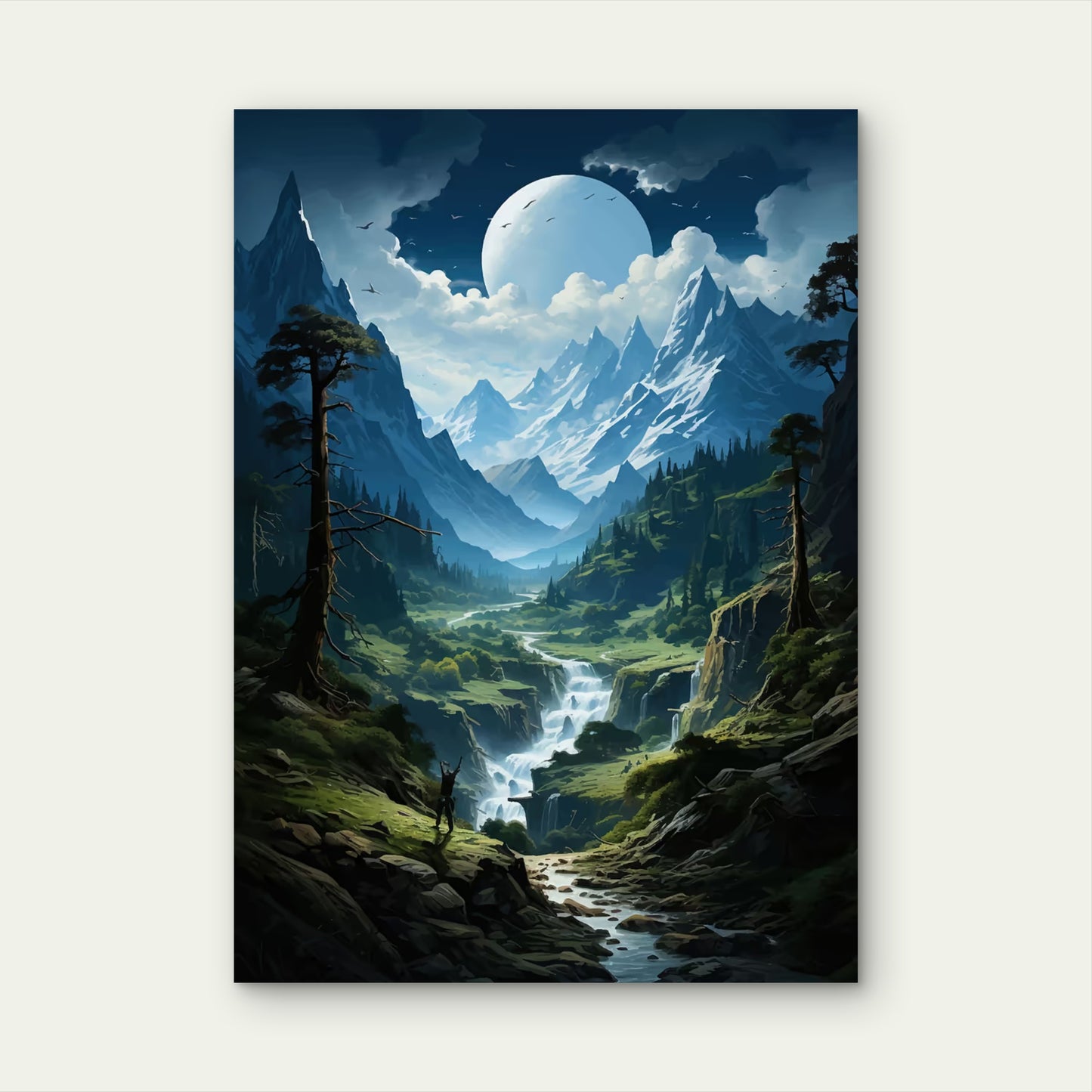 Moonlight Valley River Stream 40x60cm Metal Print Ready to Hang - Bella Home Decor