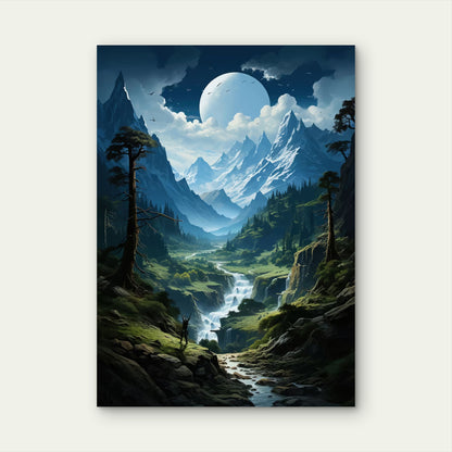 Moonlight Valley River Stream 40x60cm Metal Print Ready to Hang - Bella Home Decor