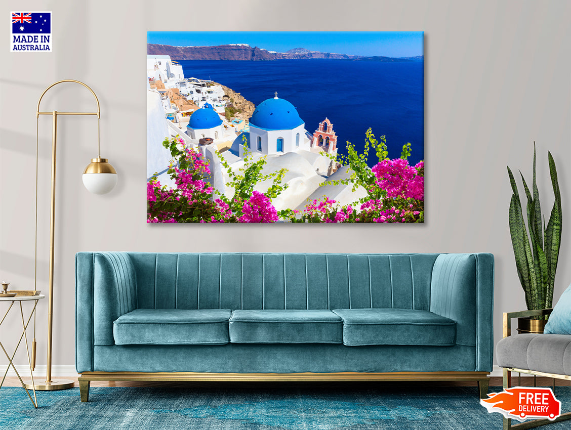 Pink Flowers in Santorini Greece Print 100% Australian Made - Bella Home Decor