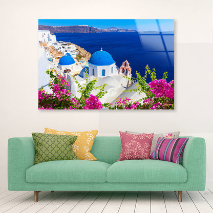 Pink Flowers in Santorini Greece Acrylic Glass Print Tempered Glass Wall Art 100% Made in Australia Ready to Hang - Bella Home Decor