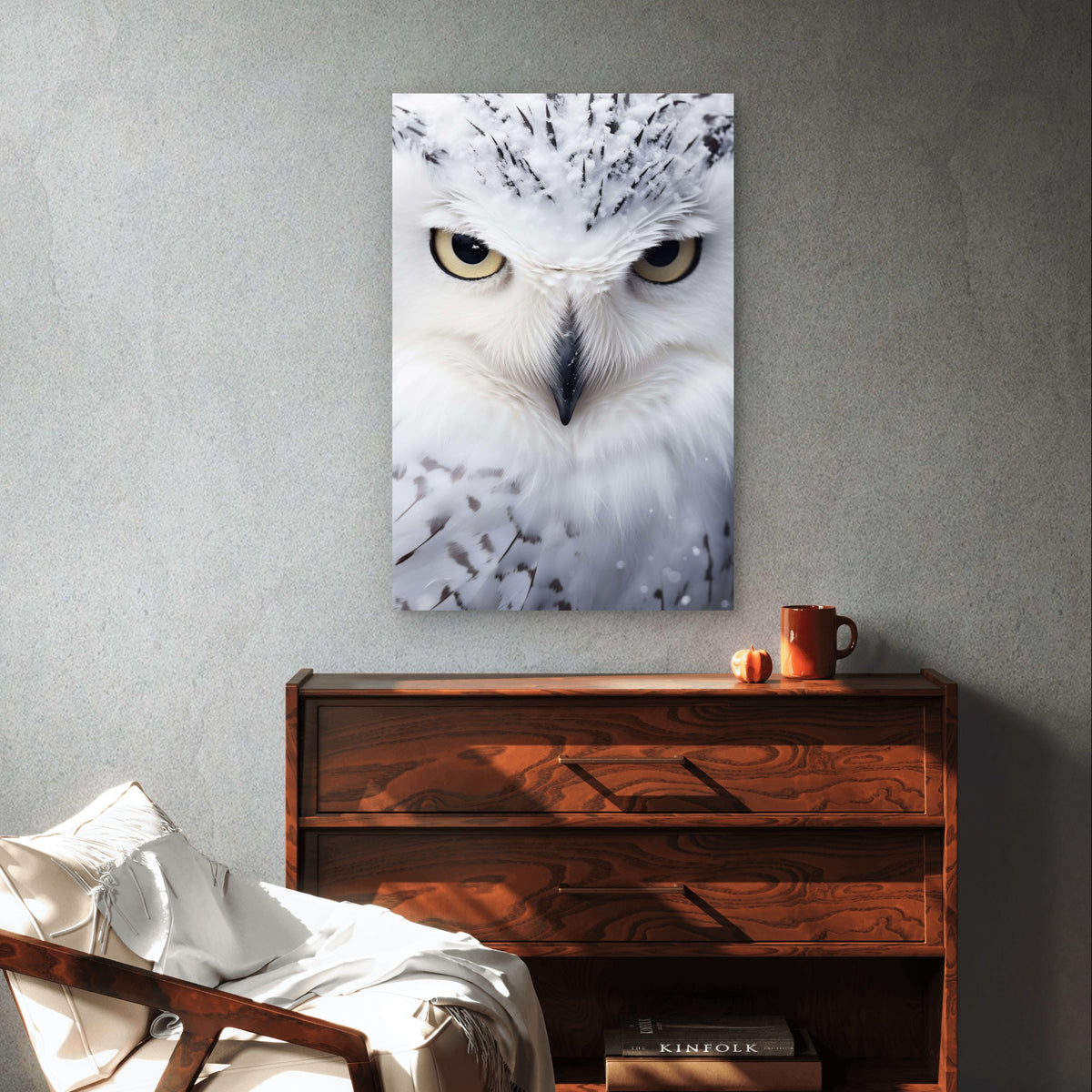 White Arctic Owl Eyes Feather Wildlife 40x60cm Metal Print Ready to Hang