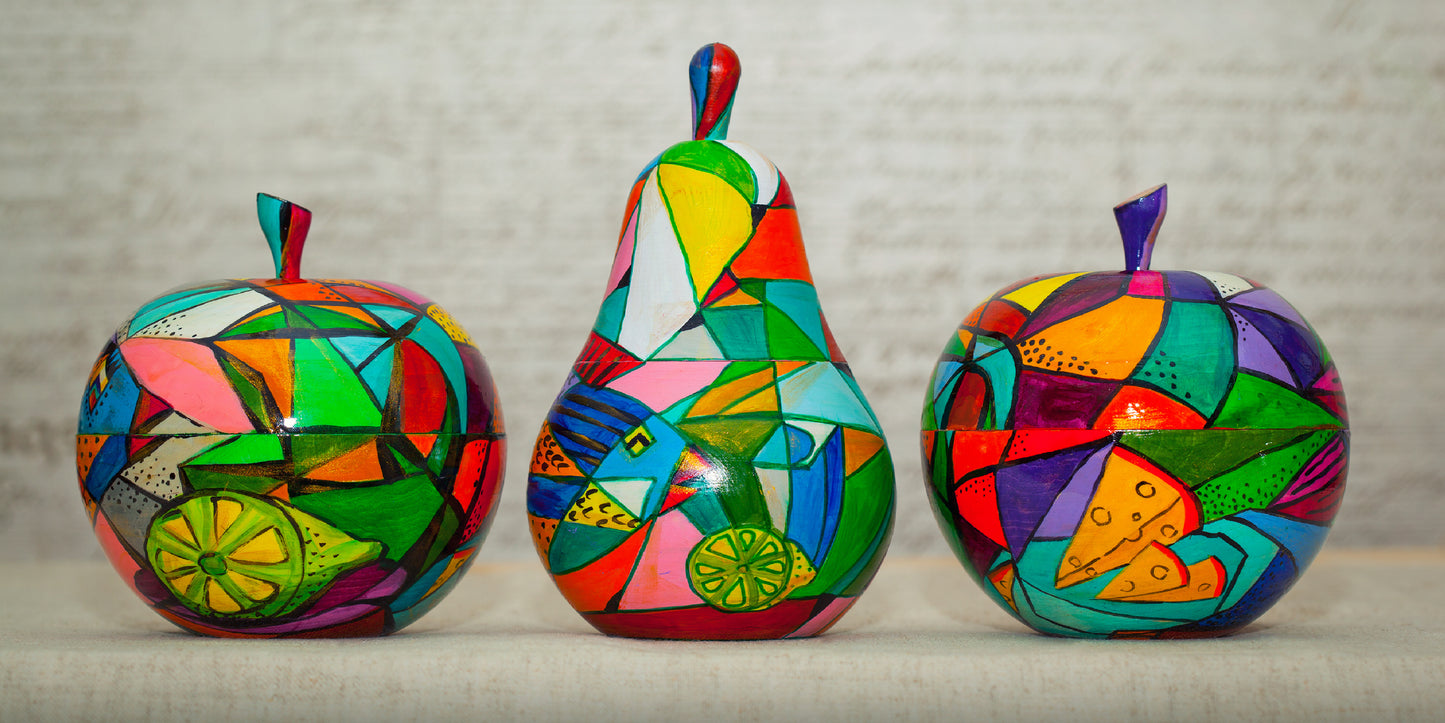 Folk Painted Wood Pear Apple Wall Art Canvas Office Home Room Framed 120x60cm
