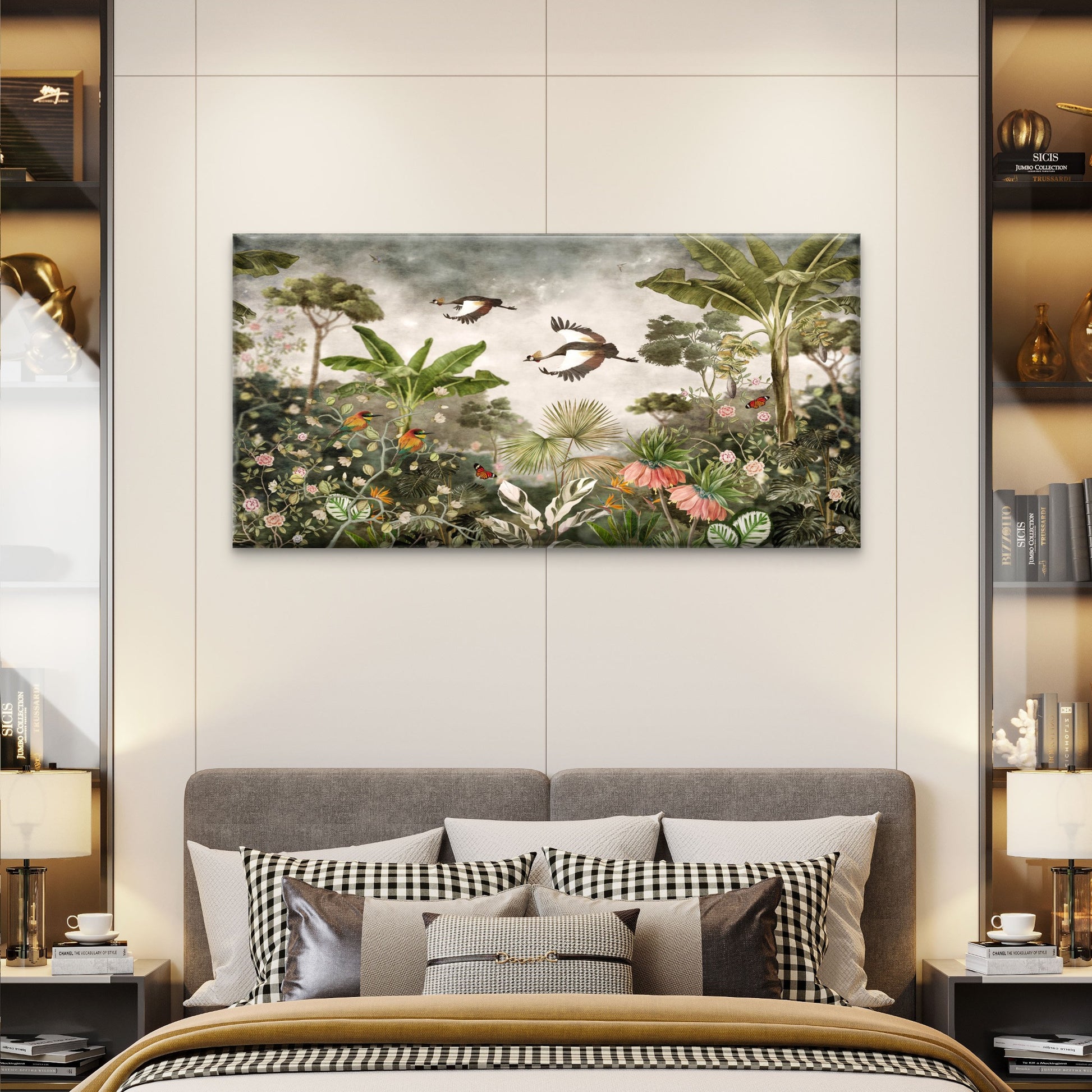Vintage Tropical Jungle Crane Scene Wall Art Canvas Office Home Room Framed 120x60cm - Bella Home Decor
