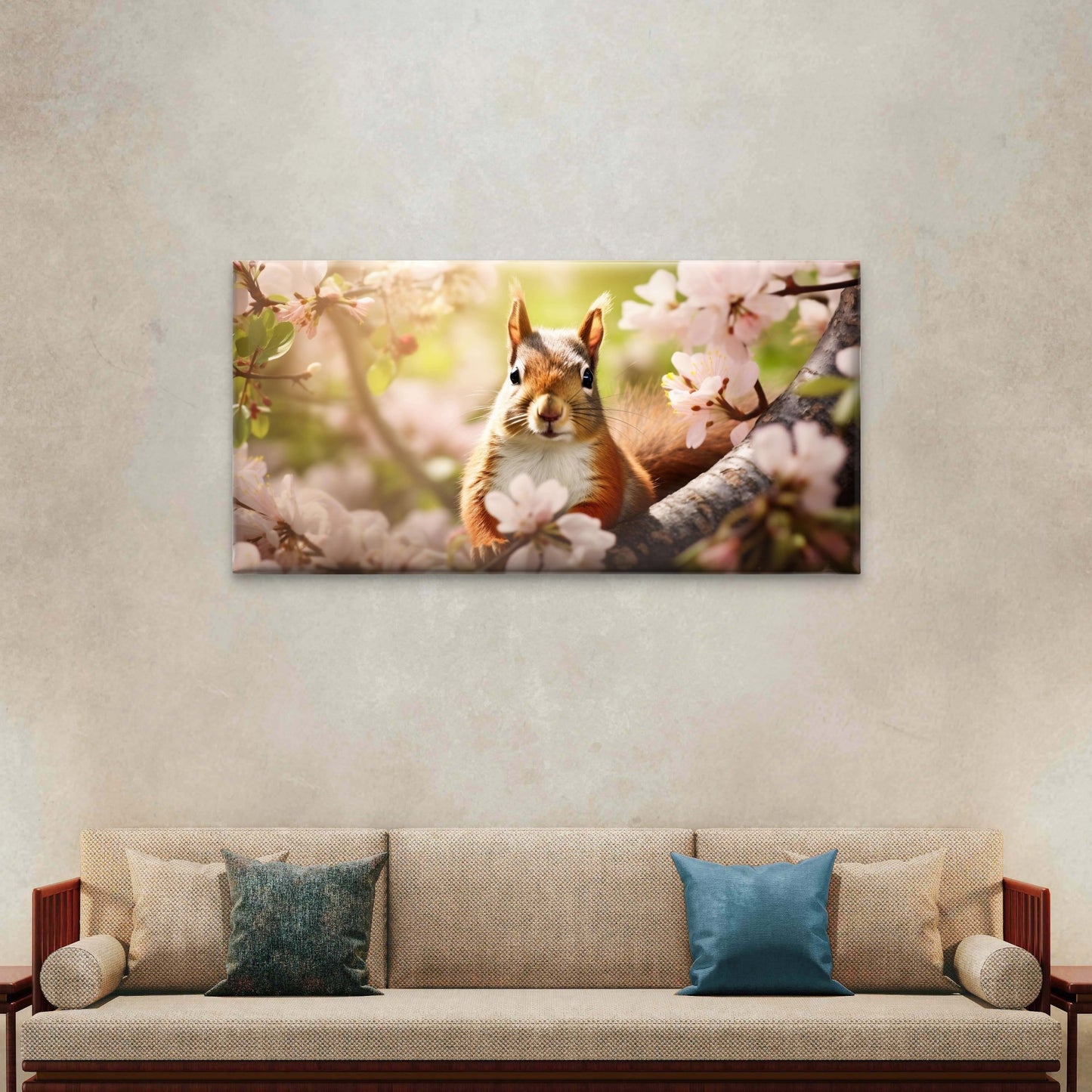 Cute Squirrel Spring Blossom Flower Wall Art Canvas Office Home Framed 120x60cm