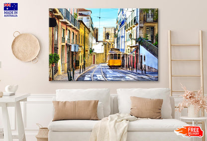 Romantic Lisbon Street with The Typical Yellow Tram and Lisbon Cathedral  Wall Art Decor 100% Australian Made