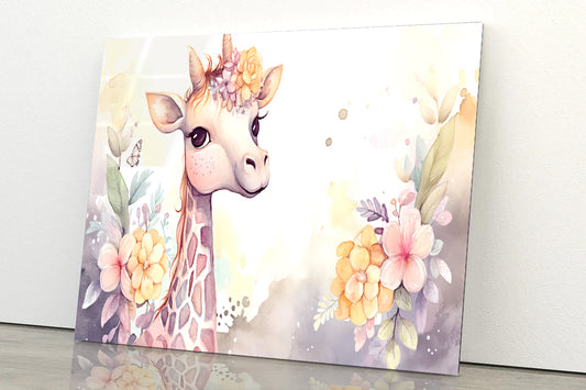 Baby Giraffe Watercolor Style Acrylic Glass Print Tempered Glass Wall Art 100% Made in Australia Ready to Hang