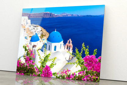 Pink Flowers in Santorini Greece Acrylic Glass Print Tempered Glass Wall Art 100% Made in Australia Ready to Hang - Bella Home Decor