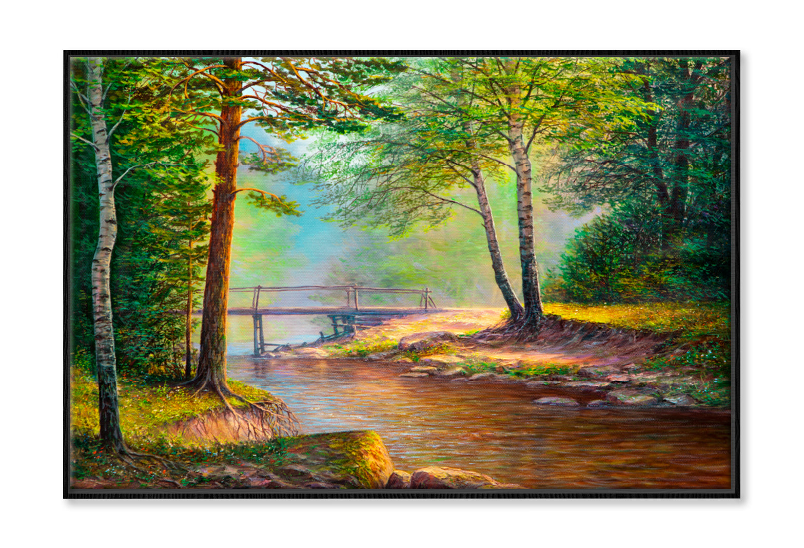 Forest River View Oil Painting Wall Art Limited Edition High Quality Print Canvas Box Framed Black