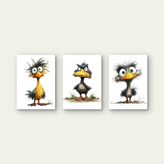3pcs Funny Crazy Messy Birds Wall Art Set Canvas Framed 40x60cm - High Quality Print 100% Australian Made Wall Canvas Ready to Hang