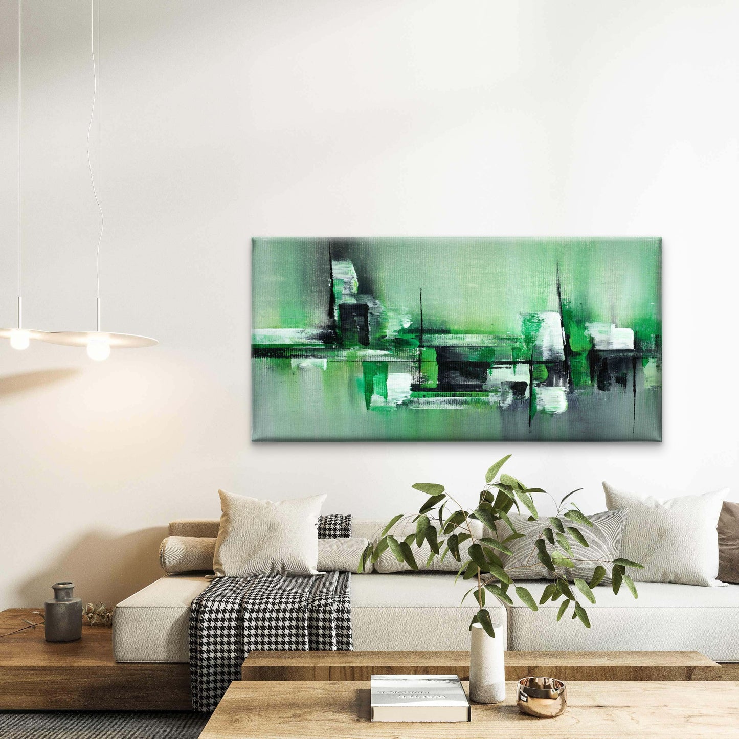 Modern Green White Abstract Wall Art Canvas Office Home Room Framed 120x60 cm - Bella Home Decor