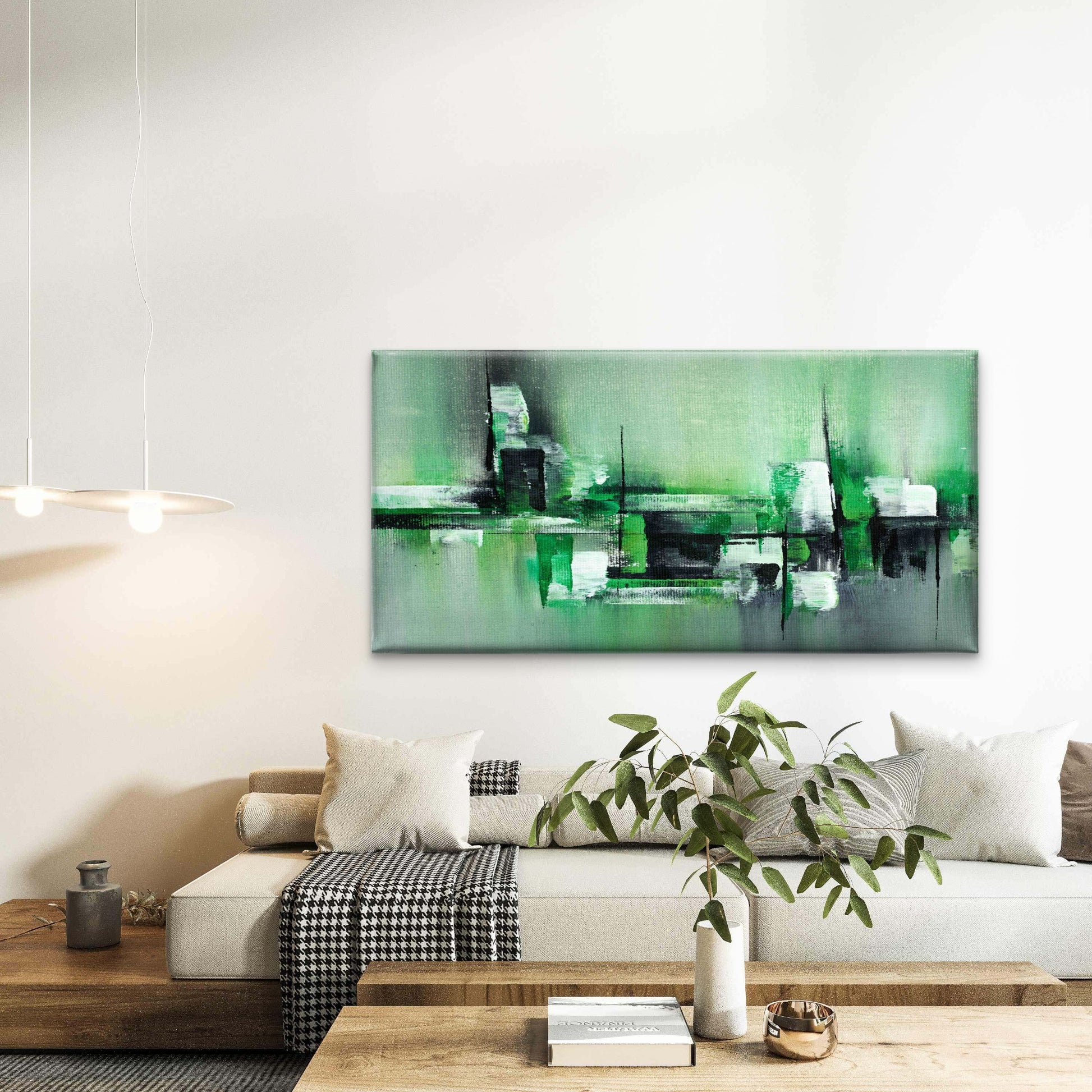 Modern Green White Abstract Wall Art Canvas Office Home Room Framed 120x60 cm - Bella Home Decor