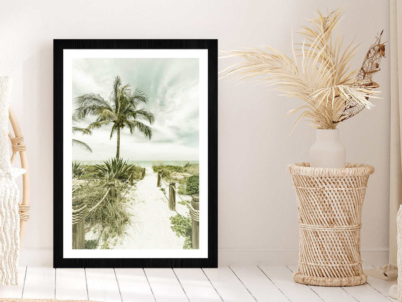 Palm Tree & Sea Path View Photograph Glass Framed Wall Art, Ready to Hang Quality Print With White Border Black