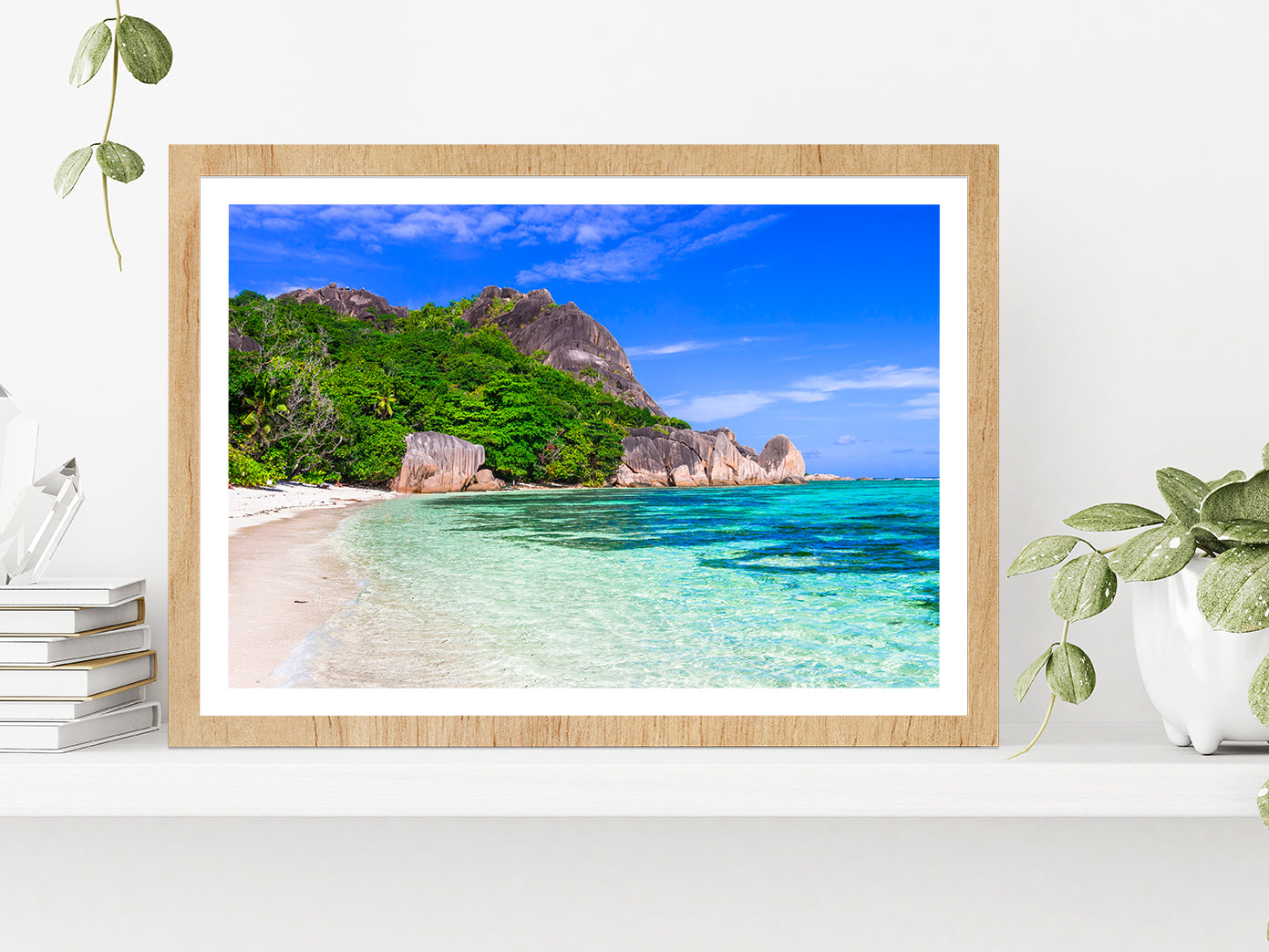 Tropical Beach & Seychelles Glass Framed Wall Art, Ready to Hang Quality Print With White Border Oak