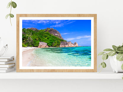 Tropical Beach & Seychelles Glass Framed Wall Art, Ready to Hang Quality Print With White Border Oak