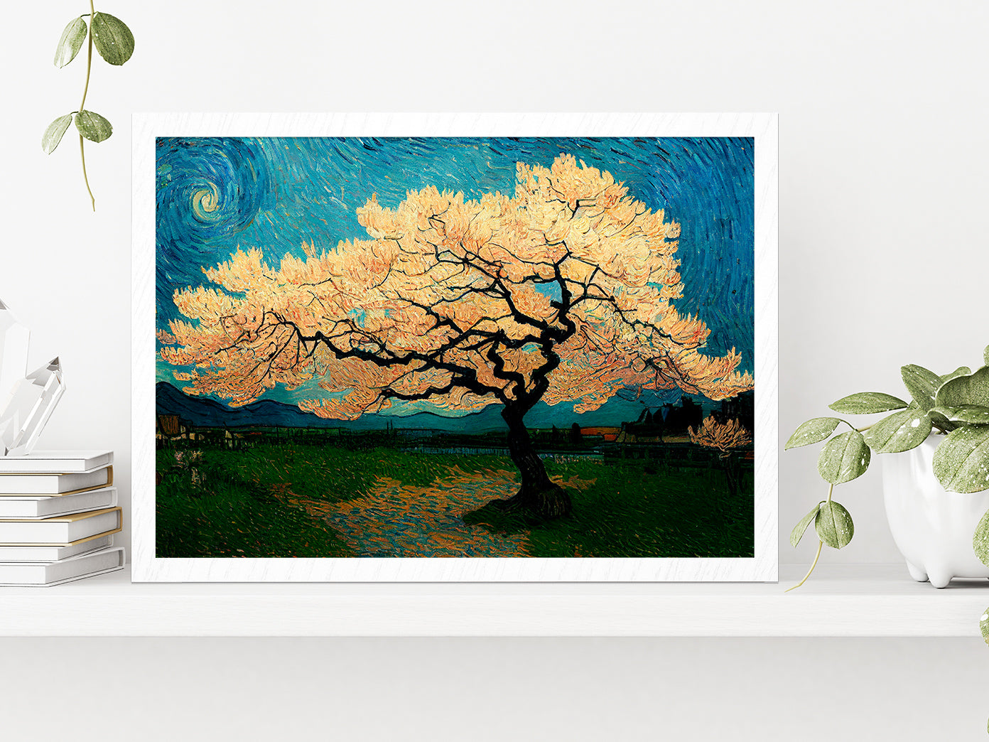 Japanese Cherry Tree In Green Meadow Glass Framed Wall Art, Ready to Hang Quality Print Without White Border White