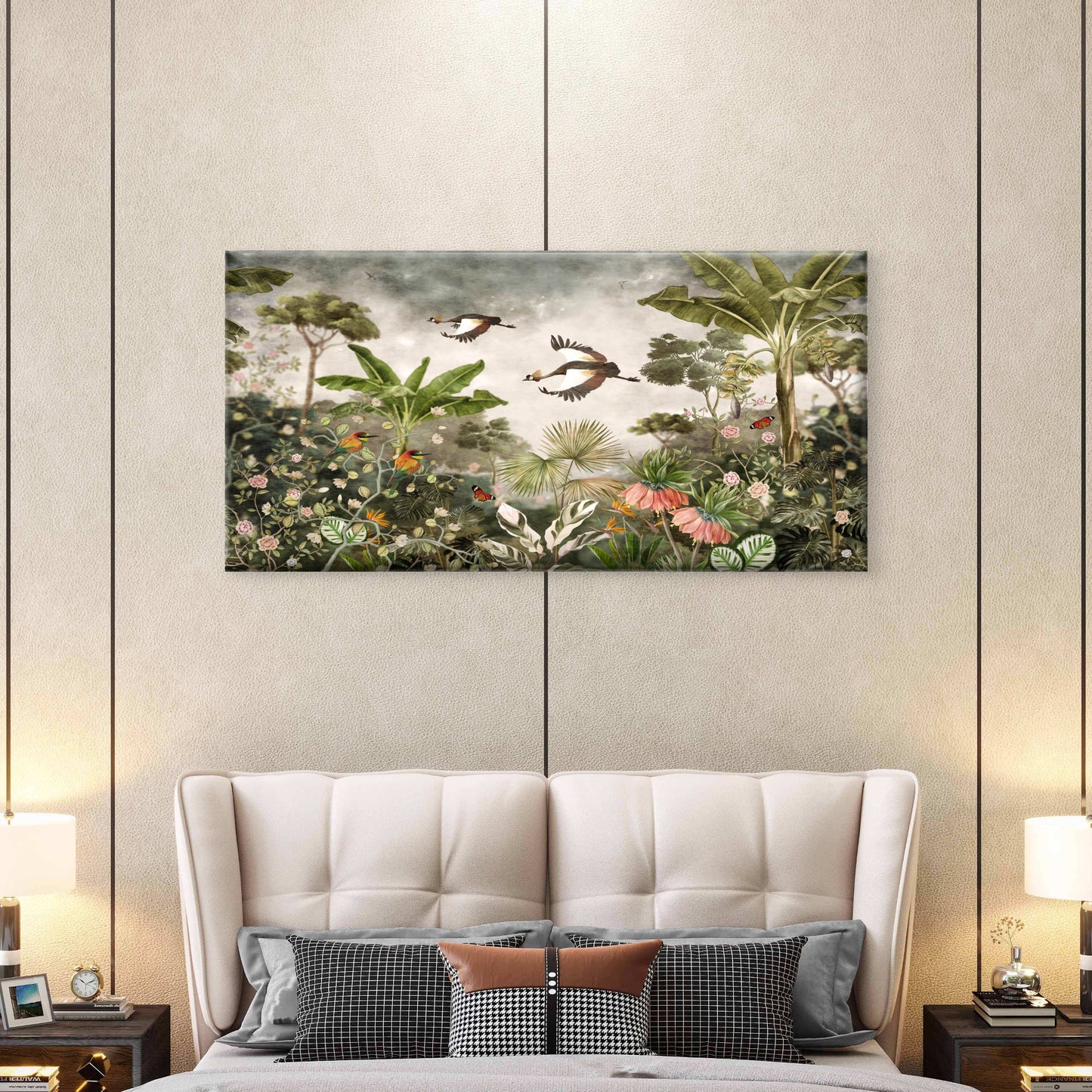 Vintage Tropical Jungle Crane Scene Wall Art Canvas Office Home Room Framed 120x60cm - Bella Home Decor