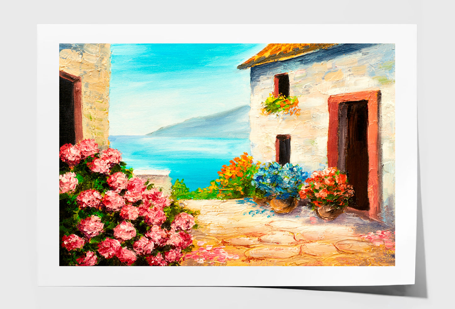 House Near The Sea, Sea Coast, Flowers Oil Painting Limited Edition High Quality Print Unframed Roll Canvas None