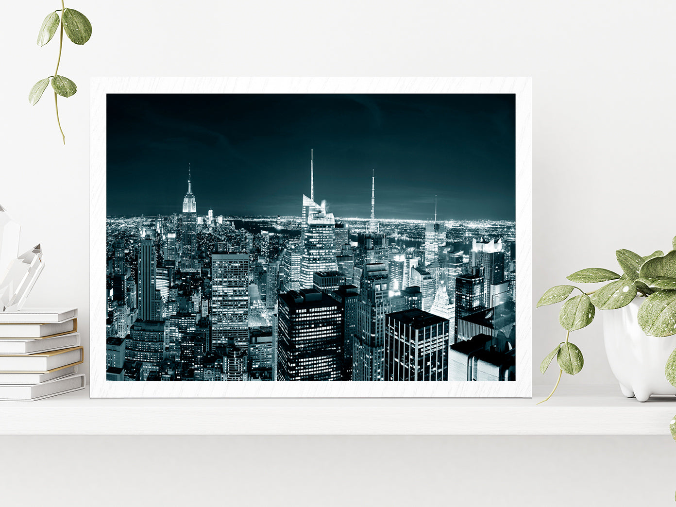 New York City Manhattan Skyline At Night Glass Framed Wall Art, Ready to Hang Quality Print Without White Border White